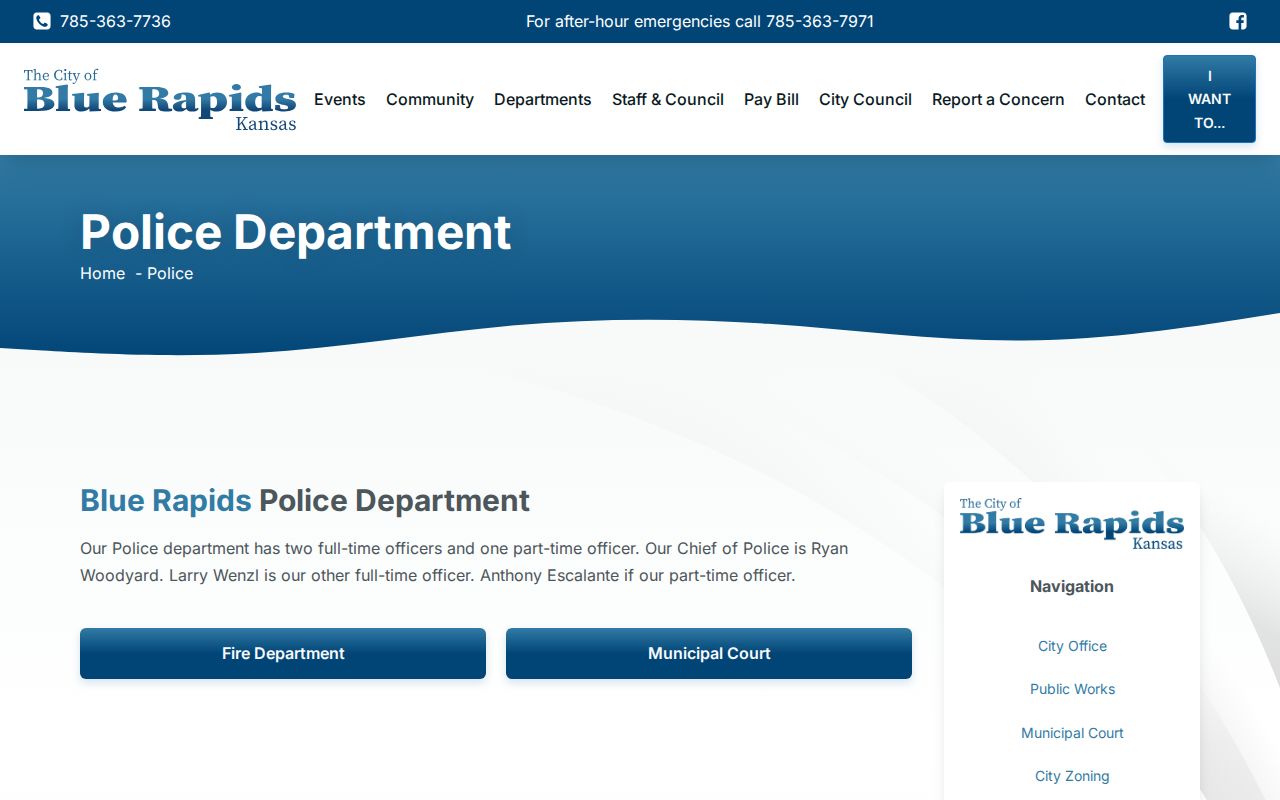 Official Blue Rapids Police Department webpage showing officers and telephone contacts