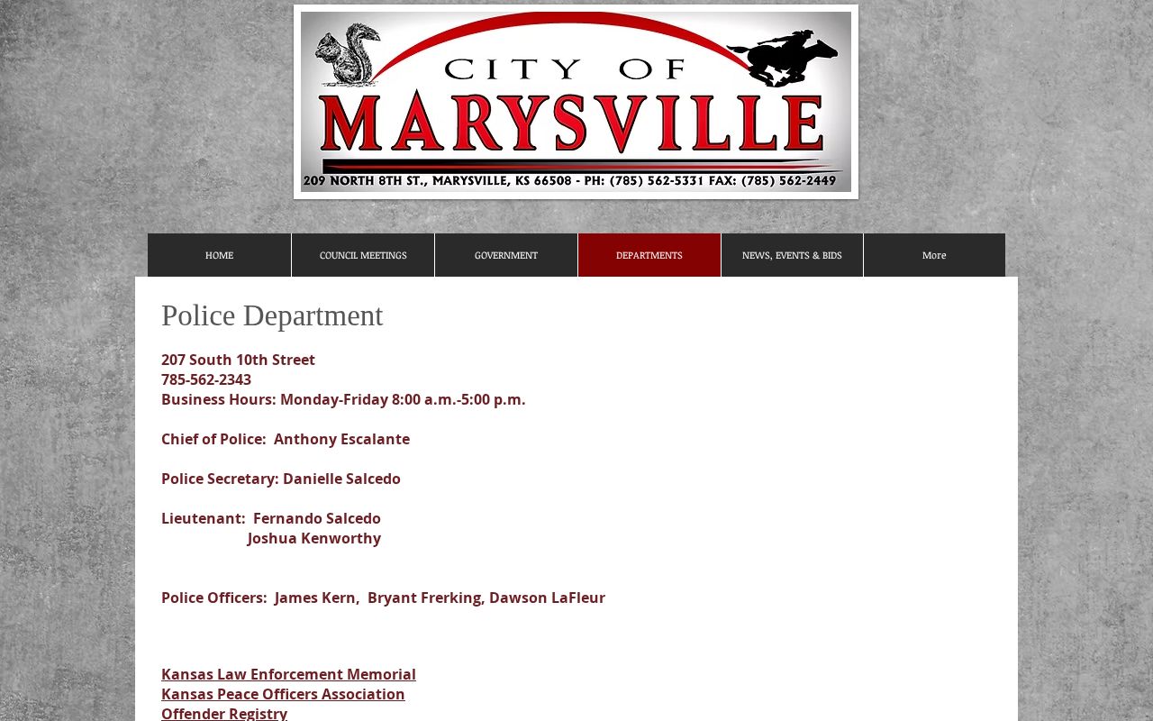 Official Marysville Police Department webpage with department contact information